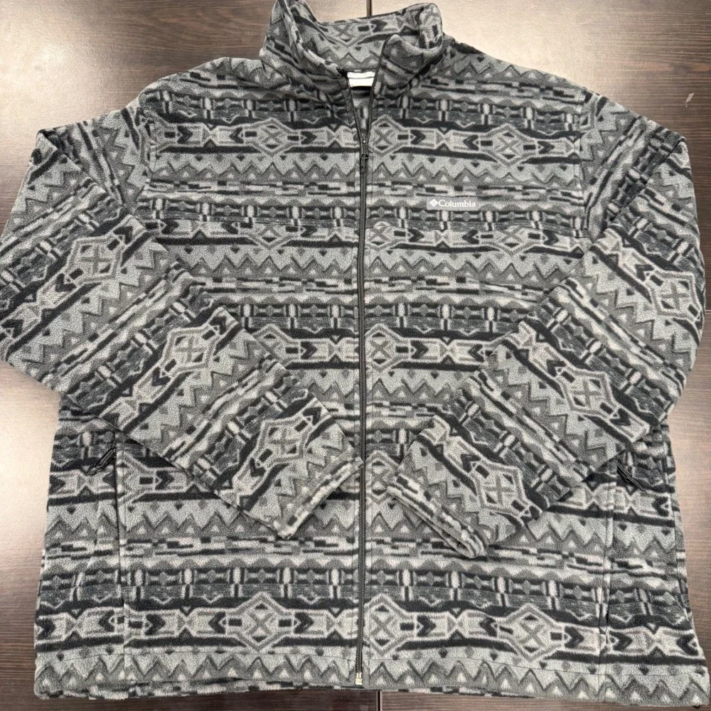 Columbia Fleece Jacket Mens XXL Grey Aztec Geometric Full Zip Excellent‎ Print